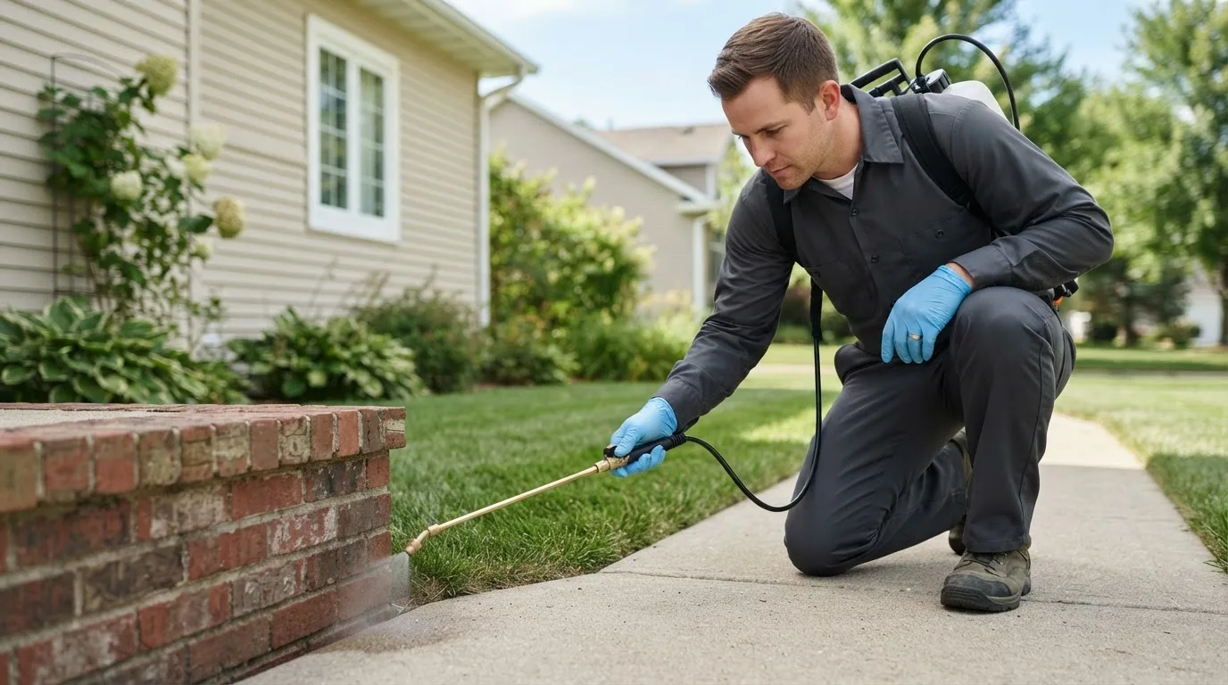Pest control technician treating a home near Indian Lake Estates, FL