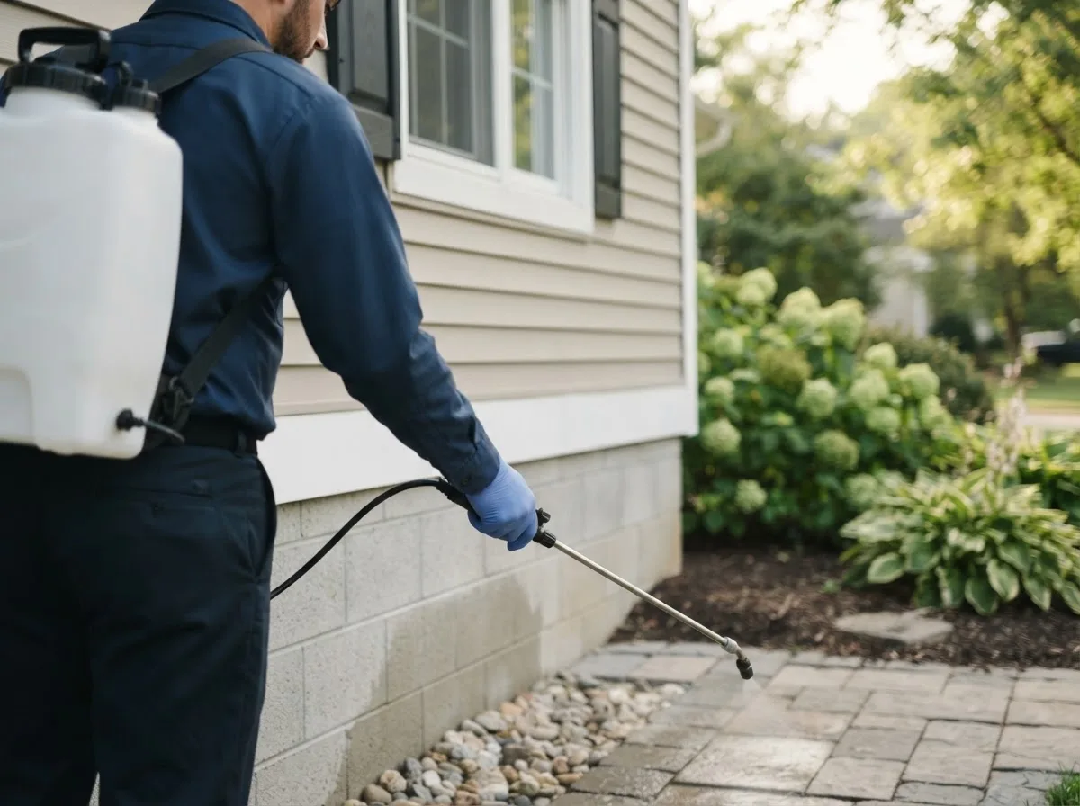 Pest control technician inspecting a home in Indian Lake Estates, FL